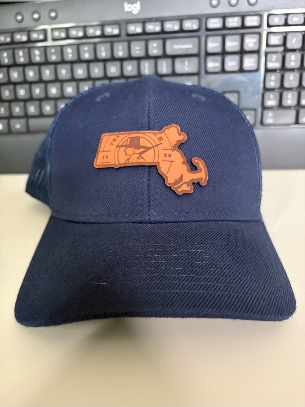 Navy Baseball Cap with Orange Massachusetts Patch -